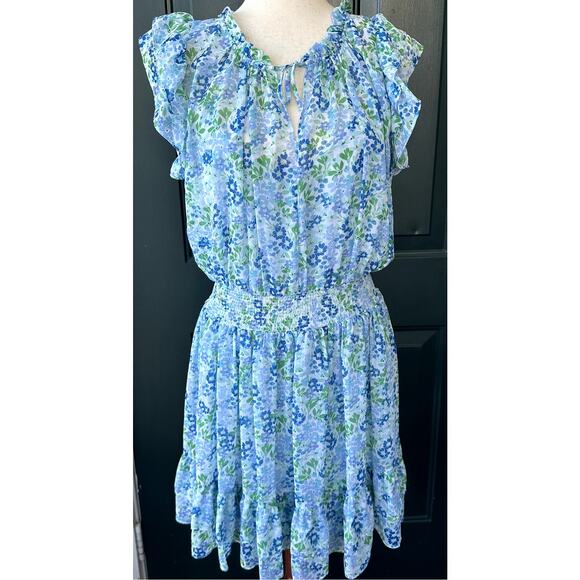 Shoshanna Sz 14 Blue Cottagecore Floral Smocked Waist Ruffled Hem Sheer w/ Slip - Picture 4 of 9